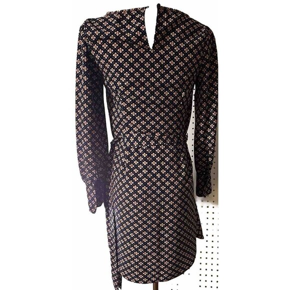 Loft Petites Mosaic Shift Dress LS Tie Belt XXSP Black Pink Yellow  Office - Picture 3 of 15